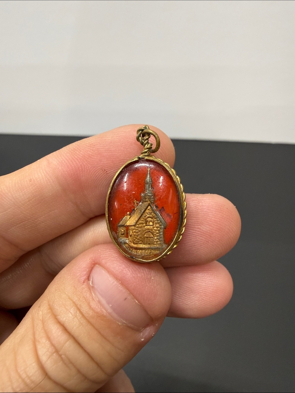Antique Assumption of Mary Foiled Bubble Glass Crystal Pendant Medal